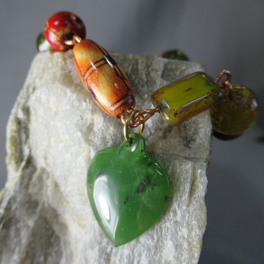 Beaded Copper Charm Bracelet Nephrite Jade Heart